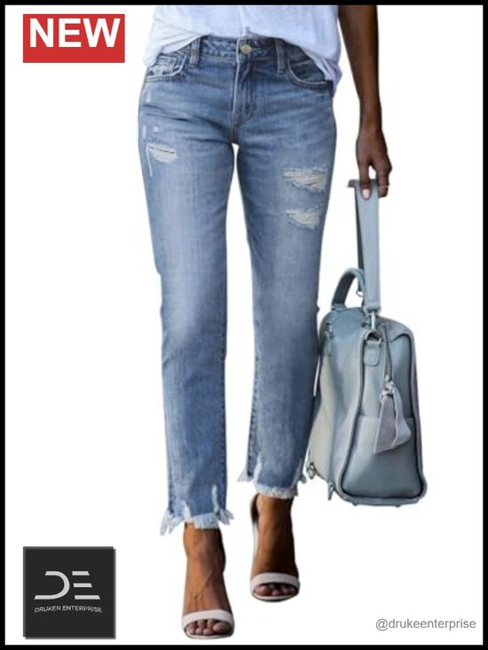Denim - High Waisted Tummy Control Straight Ankle Ripped Jeans Stretchy Distressed